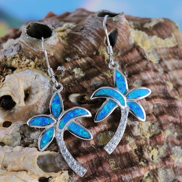 New, Unworn: Silver CZ Blue Opal Paua Shell Palm Tree Earrings, Beach Jewelry - Picture 2 of 2